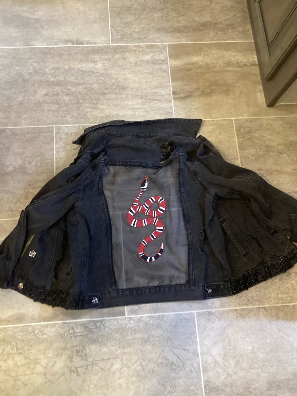 “Wisdom” Black Distressed Denim Jacket with Red Snake Appliqué - Picture 6 of 9